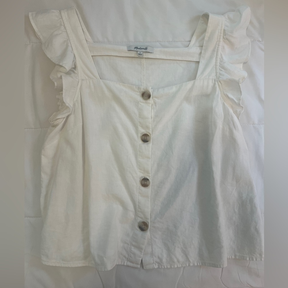 Madewell Linen-Blend Ruffle-Strap Button-Up Tank … - image 3